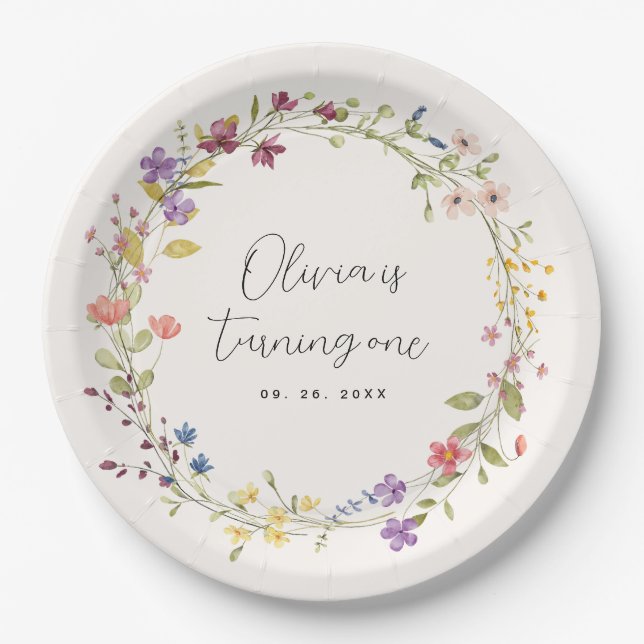 Einfache Wildblume Kranz 1. Geburtstag Party Pappteller (Vorderseite)