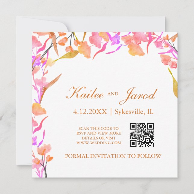 Einfache Wildblume QR-Code in Rosa und Orange Save The Date (Vorderseite)