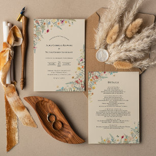 Einfache Wildblumen-Farn-Beige-Hochzeitsdetails un Einladung