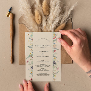 Einfache Wildblumen-Farn-Beige-Hochzeitsprobe Einladung