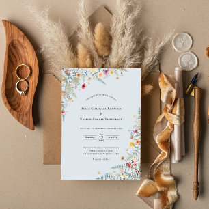 Einfache Wildblumen-Farn-Staubblaue Hochzeit Einladung