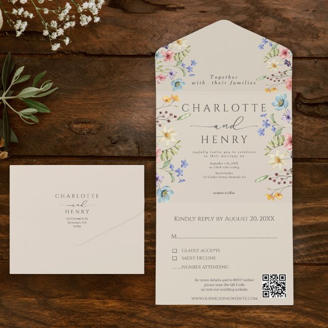 Einfache Wildblumen Garden QR Code Hochzeit All In One Einladung (Von Creator hochgeladen)