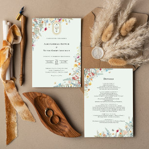 Einfache Wildblumen-Mintgrün-Monogramm-Details und Einladung