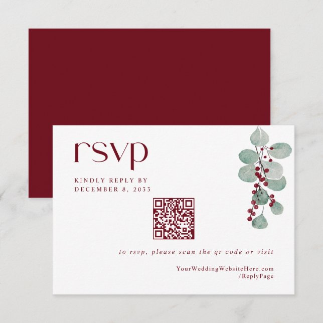 Einfache Winter Burgund Holiday Wedding QR Code RSVP Karte (Vorne/Hinten)