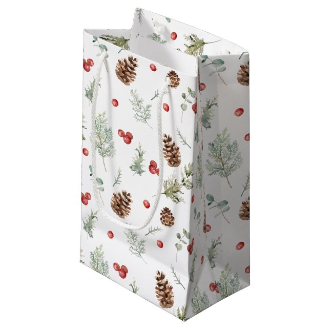 Einfache Winterpine Berry Wasserfarbe Weihnachten Kleine Geschenktüte (Vorderseite Schrägansicht)