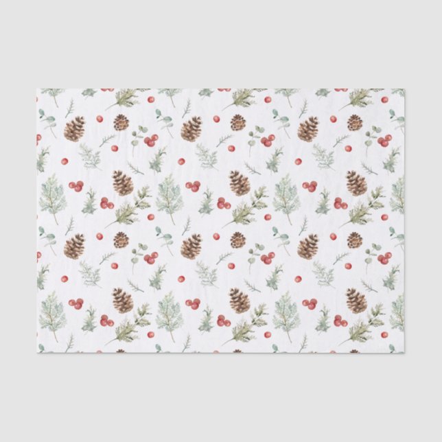 Einfache Winterpine Berry Wasserfarbe Weihnachten Seidenpapier (Vorderseite)