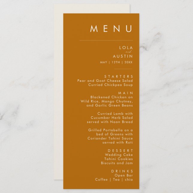 einfache Wüste | Burnt Orange Wedding Dinner Menu Menükarte (Vorne/Hinten)