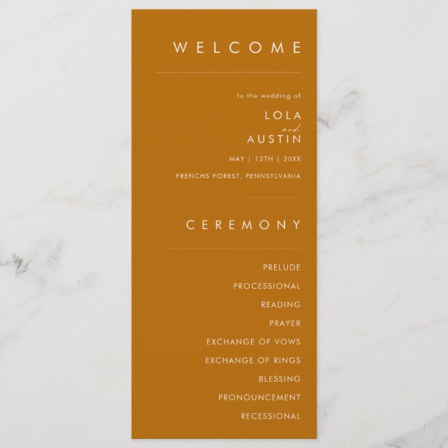 einfache Wüste | Burnt Orange Wedding Program Programm (Vorderseite)