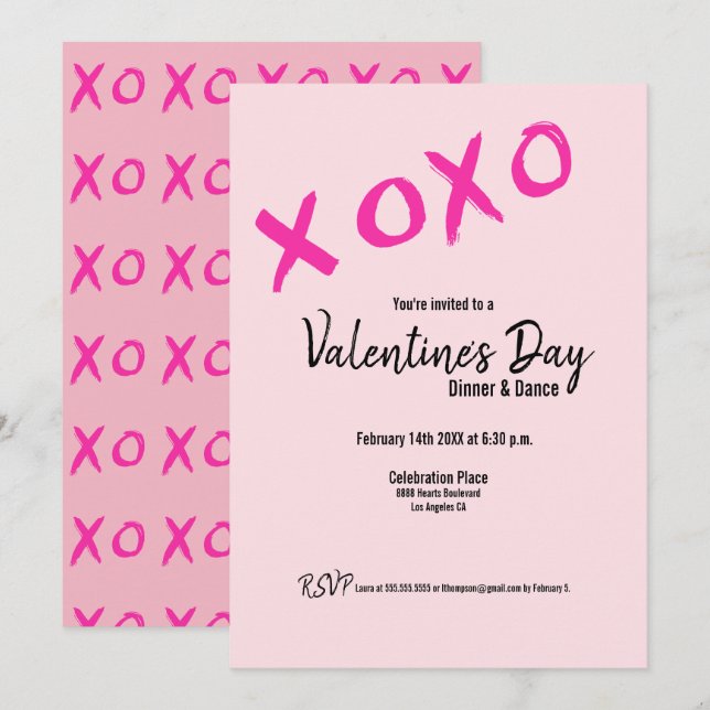 Einfache XOXO rosa Valentines Abendessen und Einladung (Vorne/Hinten)