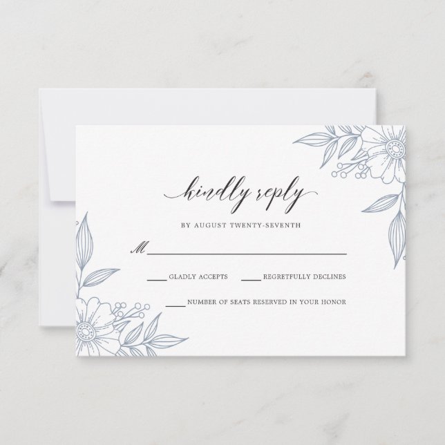Einfache, zarte Blumenhochzeit Blue RSVP Karte (Vorderseite)