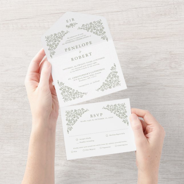 Einfache, zarte, florallose Grünen Hochzeit All In One Einladung (Abreißen)