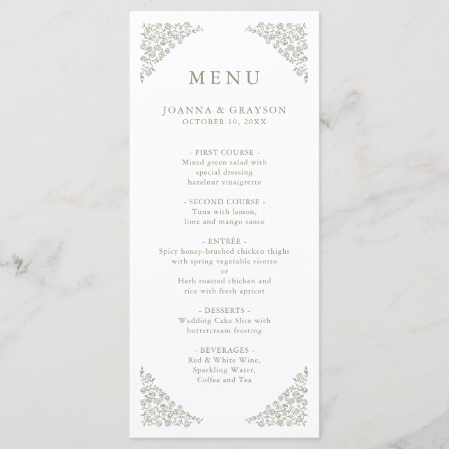 Einfache, zarte, florallose Grünen Hochzeit Menükarte (Vorderseite)