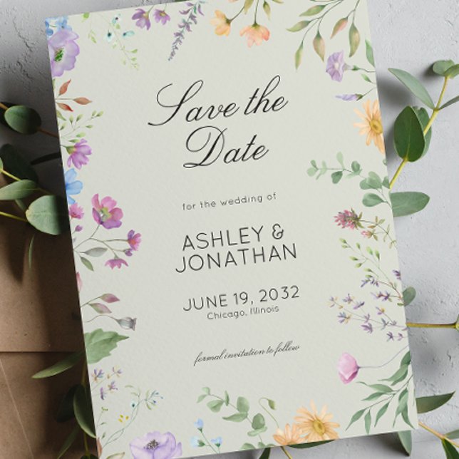 Einfache, zeitlose Wildblume Sage Green Wedding Save The Date (Von Creator hochgeladen)