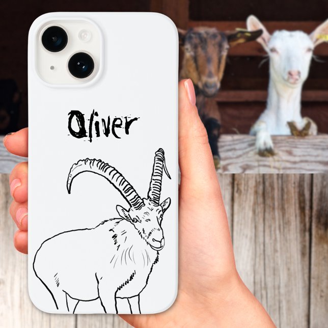 Einfache Ziegenzeichnung Schwarz-Weiß-Name Case-Mate iPhone 14 Hülle (Funny goat illustration black and white quirky farm animal with custom name phone case)