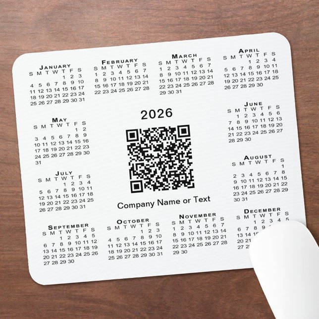 Einfacher 2026-Kalender-Geschäfts-QR-Code auf Weiß Mousepad (Simple 2026 Calendar Business QR Code on White Mouse Pad, in situ)