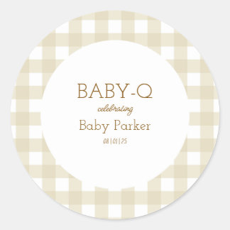 Einfacher beiger Gingham-Baby-Shower-Aufkleber Runder Aufkleber