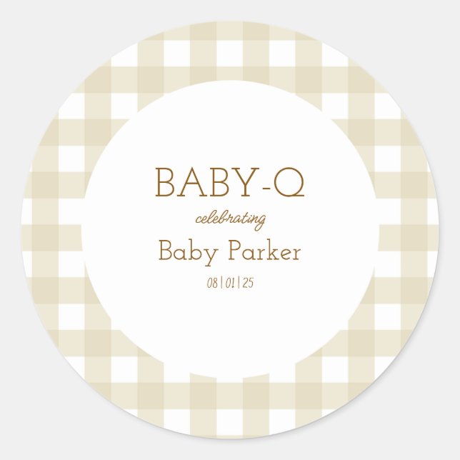 Einfacher beiger Gingham-Baby-Shower-Aufkleber Runder Aufkleber (Vorderseite)
