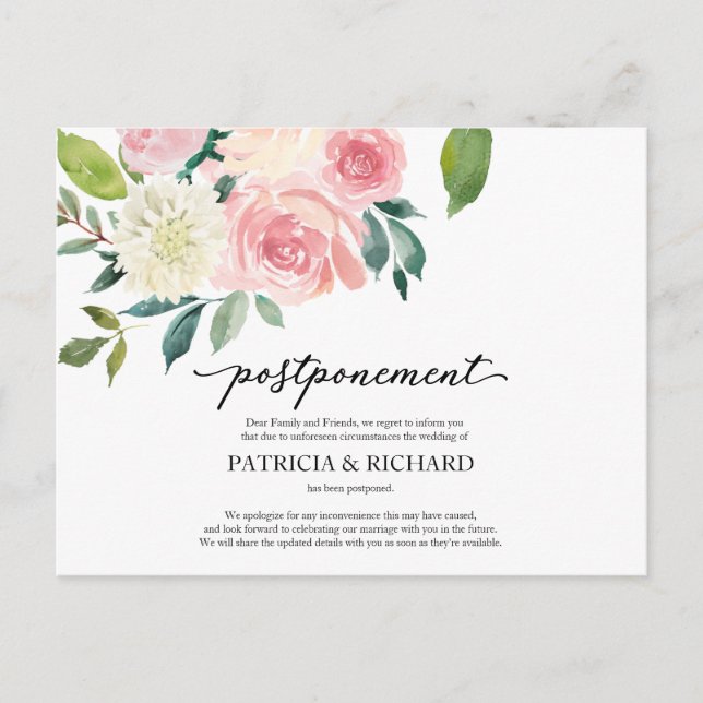 Einfacher Chic Blush Bloral Hochzeit Nachponement Postkarte (Vorderseite)