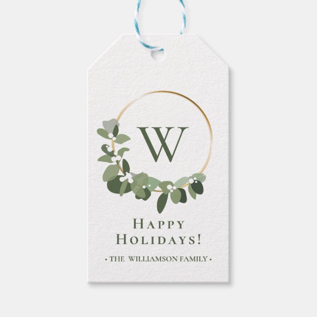 Einfacher Chic Monogram Wreath Custom Holiday Geschenkanhänger (Vorderseite)