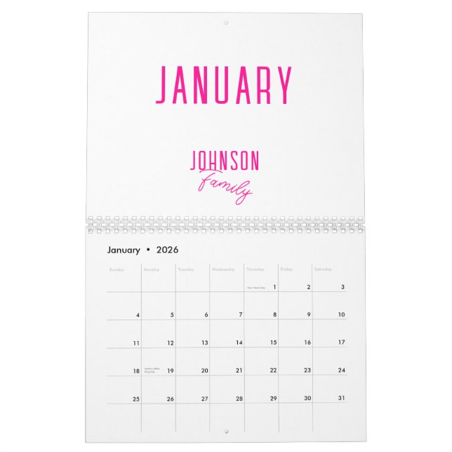 Einfacher Familienname - Heiß rosa Kalender (Jan 2026)