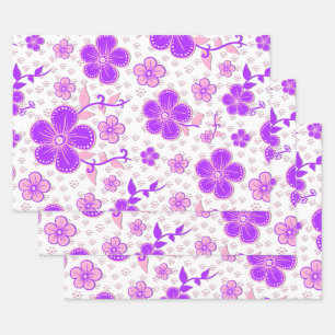 Einfacher Floral-Aquarelldruck Lila und Rosa Geschenkpapier Set