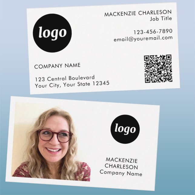 Einfacher Foto-Logo-Text-QR-Code Visitenkarte (Simple logo with custom text QR code business branding promotional photo business card)