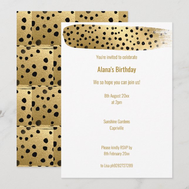 EINFACHER GOLD SCHWARZ LEOPARD TIERE WEISSE GEBURT EINLADUNG (Vorne/Hinten)