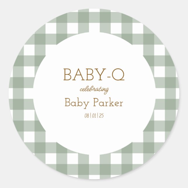 Einfacher grüner Gingham-Baby-Shower-Aufkleber Runder Aufkleber (Vorderseite)