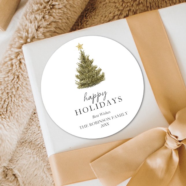 Einfacher Happy Holidays Grüner Weihnachtsbaum Runder Aufkleber (Von Creator hochgeladen)