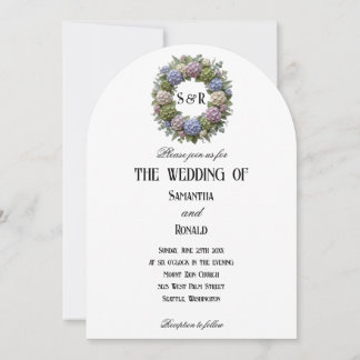 Einfacher Hortensien-Kranz-Monogramm-Hochzeit Einladung