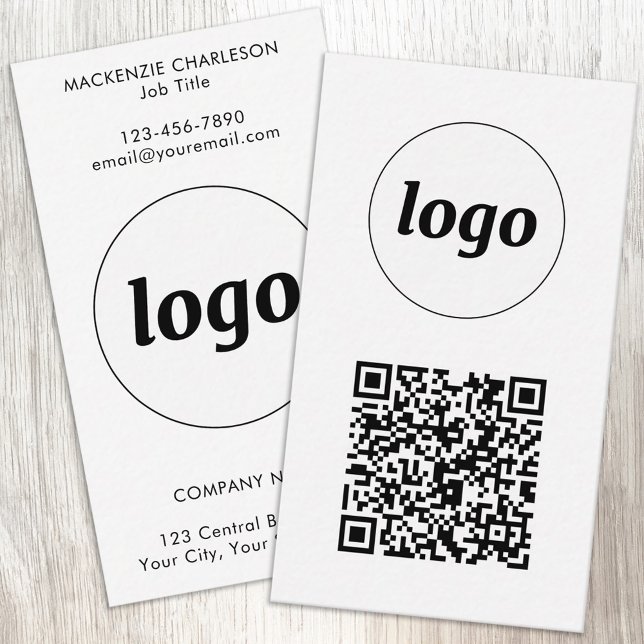 Einfacher Logo-Text-QR-Code im vertikalen Format Visitenkarte (Simple logo with custom text and QR code business branding promotional vertical business cards)