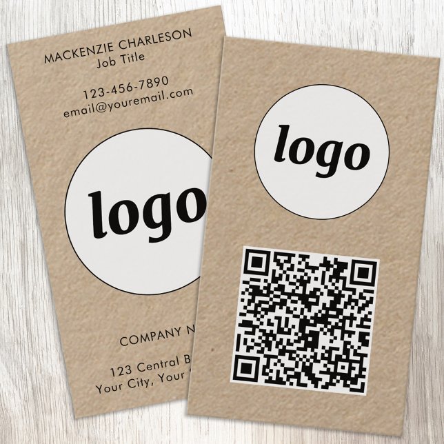 Einfacher Logo-Text-QR-Code im vertikalen Format Visitenkarte (Simple logo with custom text and QR code business branding promotional Kraft business cards)