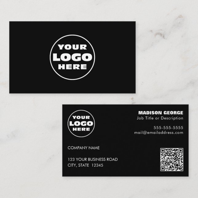Einfacher Logo-Text und QR-Code Schwarz Visitenkarte (Vorne/Hinten)