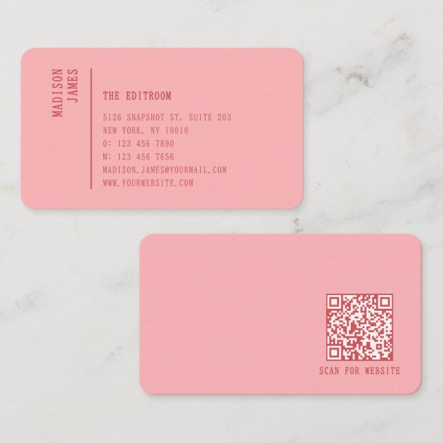 Einfacher moderner minimaler rosa QR-Code Visitenkarte (Vorne/Hinten)