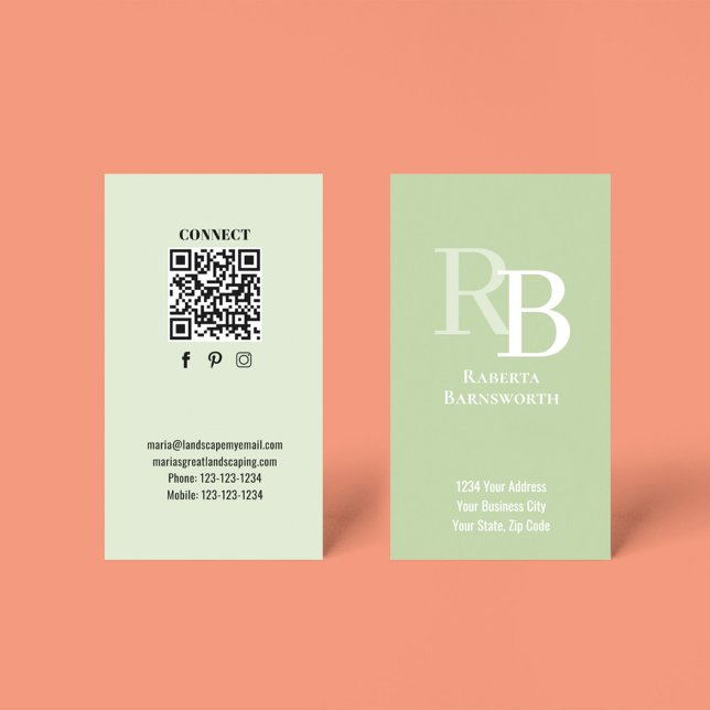Einfacher Monogramm-QR-Code Grün | Verbinde dich m Visitenkarte (Green business cards with monogram and QR code template.)