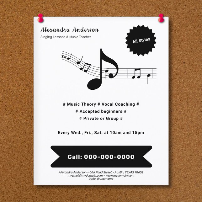 Einfacher Musiklehrer in Schwarzweiß Flyer (Black & White Music Teacher Flyer)