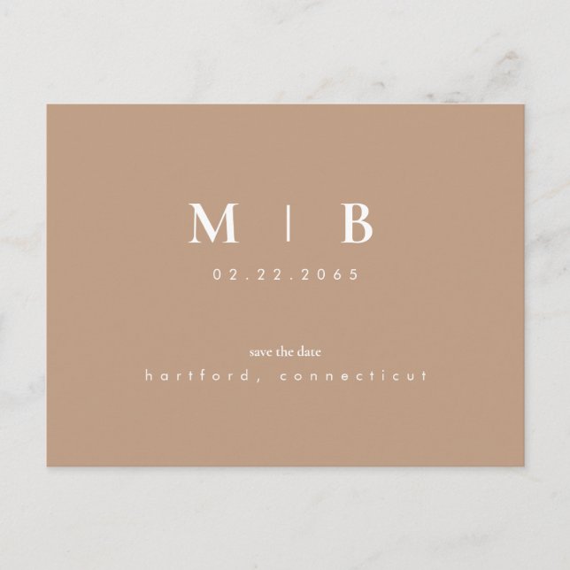 Einfacher neutraler Monogramm-Save the Date QR-Cod Postkarte (Vorderseite)