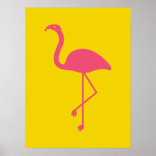 Einfacher rosa Flamingo-Vogel-Silhouette auf Gelb Poster