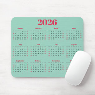 Einfacher roter und hell türkis 2026 Kalender Mousepad