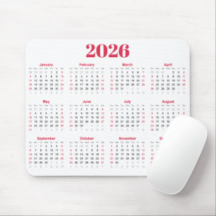 Einfacher roter und weißer Kalender 2026 Mousepad