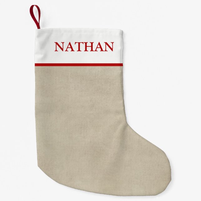 Einfacher rustikaler beige und roter kleiner weihnachtsstrumpf (Vorderseite)