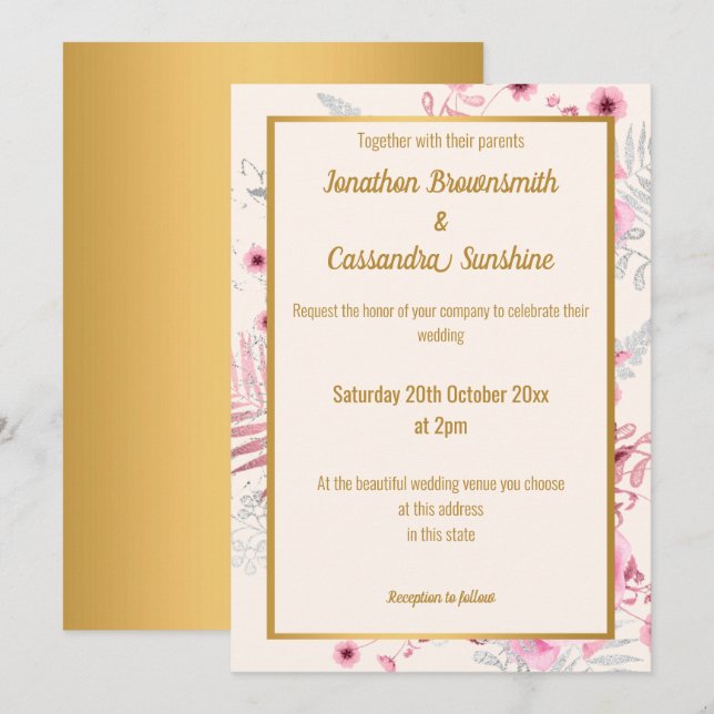 EINFACHER SILBERPINK GOLD FLORAL WEDGOLD EINLADUNG (Vorne/Hinten)