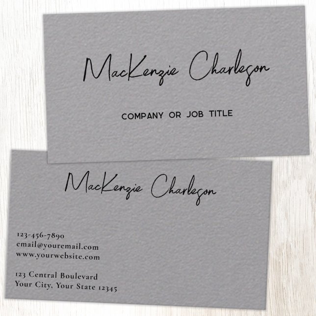 Einfacher Skriptname Modern Professionell Grau Visitenkarte (Simple modern minimalist script professional business card design gray)