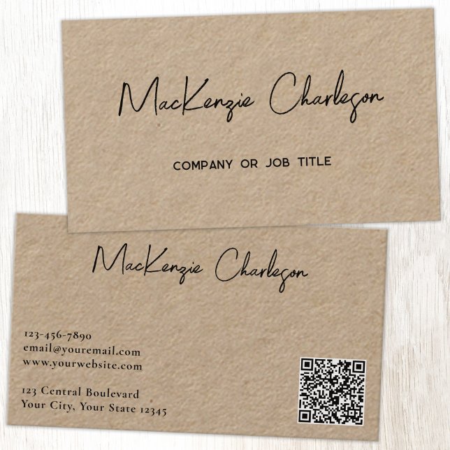 Einfacher Skriptname und Text QR-Code Kraft Visitenkarte (Simple modern script minimalist business card with QR code)