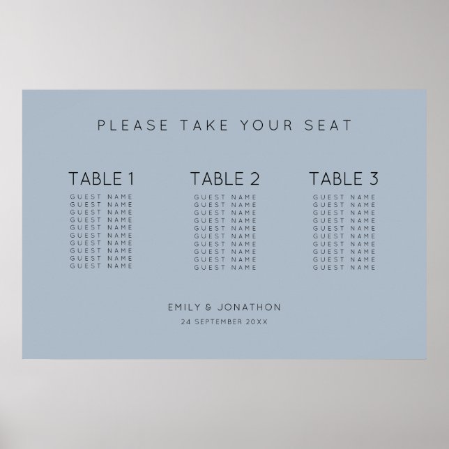 Einfacher Text 30 Gäste 3 Tische Blue Seating Char Poster (Vorne)