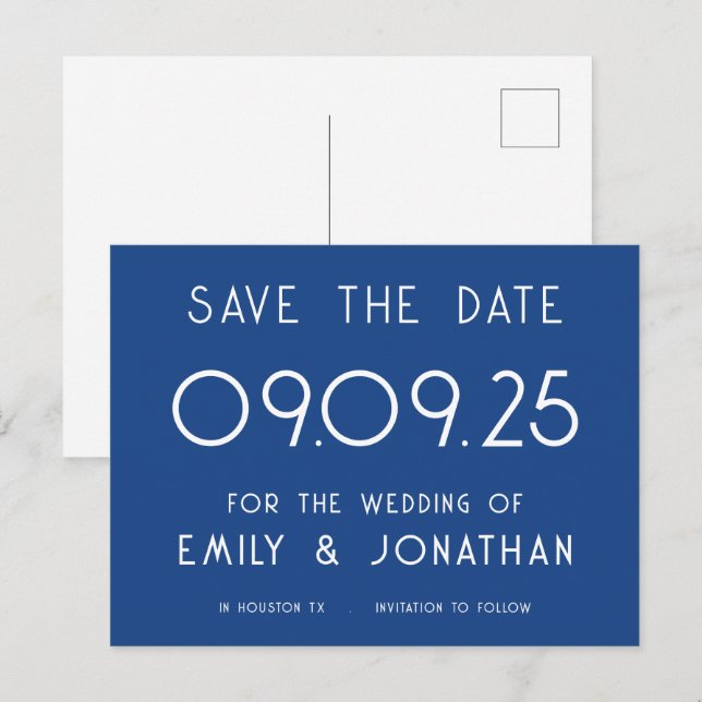 Einfacher Text Blue Wedding Save the Date Ankündigungspostkarte (Vorne/Hinten)
