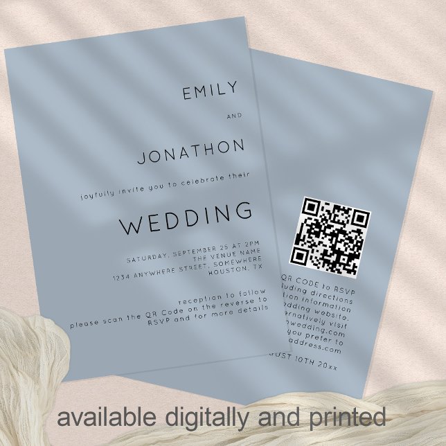 Einfacher Text Staubblauer QR-Code Hochzeit Einladung (Von Creator hochgeladen)