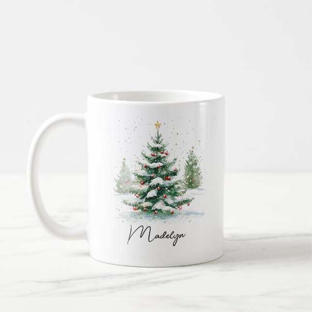 Einfacher Wasserfarben-Weihnachtsbaum mit Schriftz Kaffeetasse (Links)