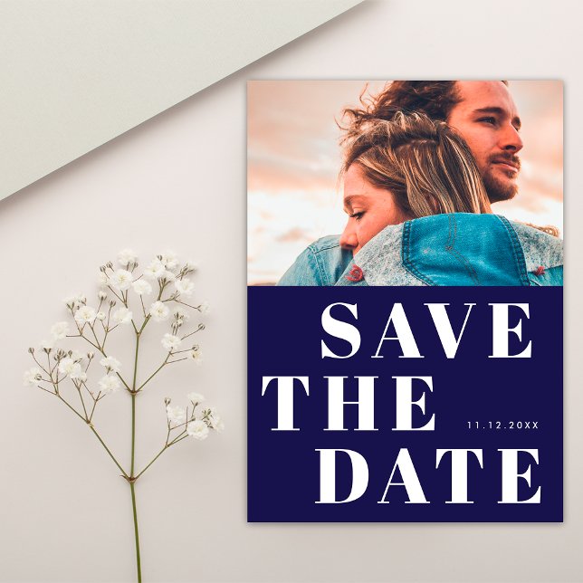 Einfaches 1 Foto fett Navy Blue and White Wedding Save The Date (Front)
