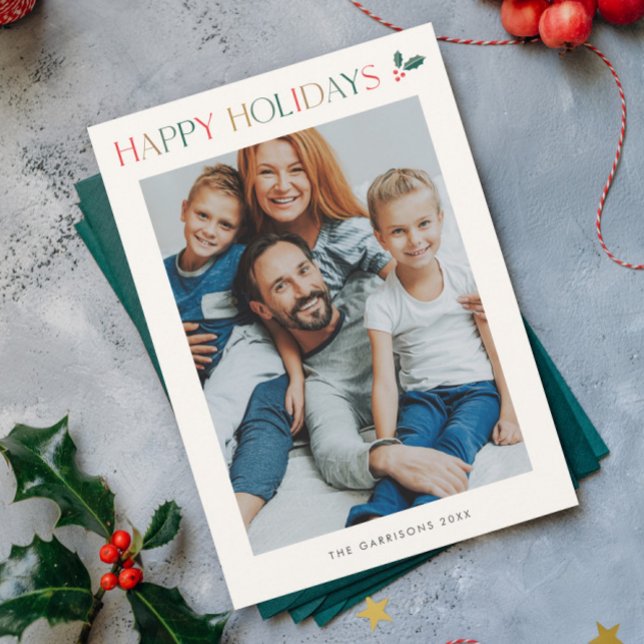 Einfaches 2 Foto Farbiges Glück Feiertagskarte (Modern Colorful 2 Photo Happy Holidays Card.)